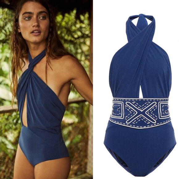 Johanna Ortiz Sunken Glory One Piece Size M Midnight Blue Swimsuit Halter Resort - Picture 1 of 15